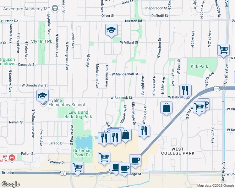 map of restaurants, bars, coffee shops, grocery stores, and more near 9 Hunters Way in Bozeman