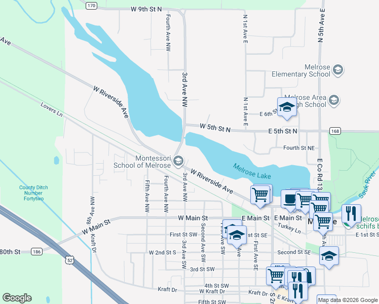 map of restaurants, bars, coffee shops, grocery stores, and more near 124 5th Street Northwest in Melrose