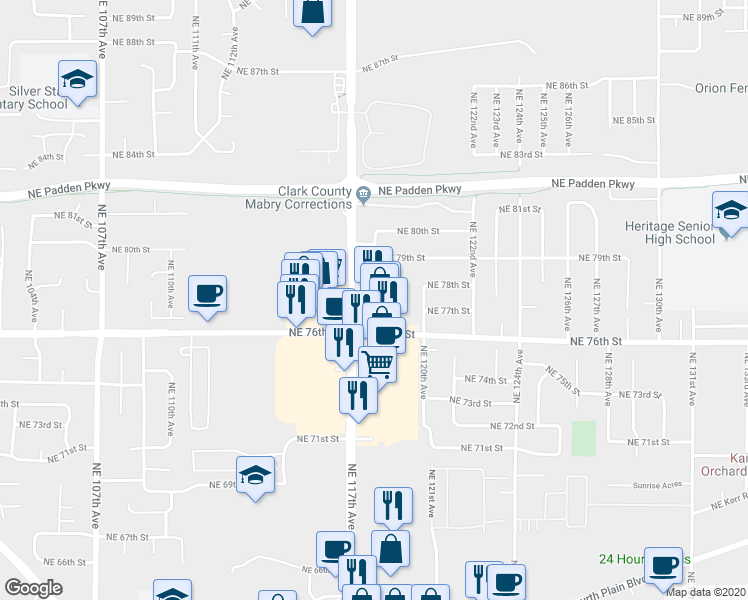map of restaurants, bars, coffee shops, grocery stores, and more near 11804 Northeast 78th Way in Vancouver