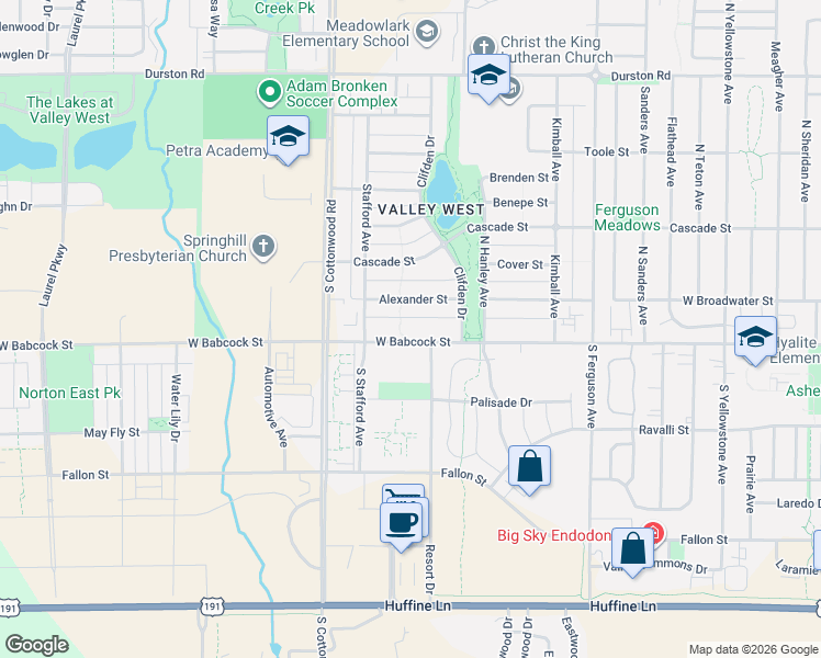 map of restaurants, bars, coffee shops, grocery stores, and more near 4512 Alexander Street in Bozeman