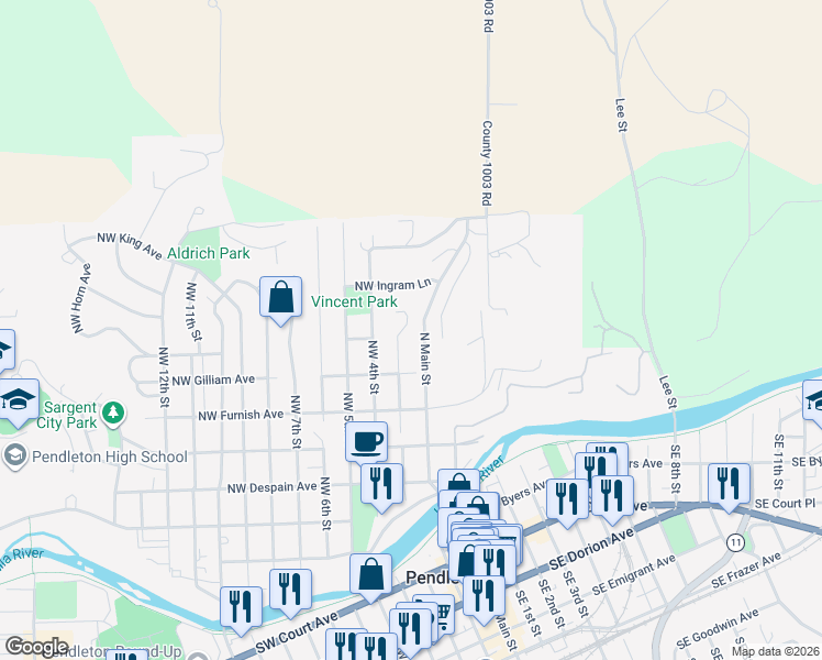 map of restaurants, bars, coffee shops, grocery stores, and more near 710 Northwest 3rd Drive in Pendleton