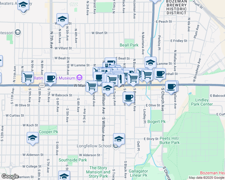 map of restaurants, bars, coffee shops, grocery stores, and more near 17 South Tracy Avenue in Bozeman