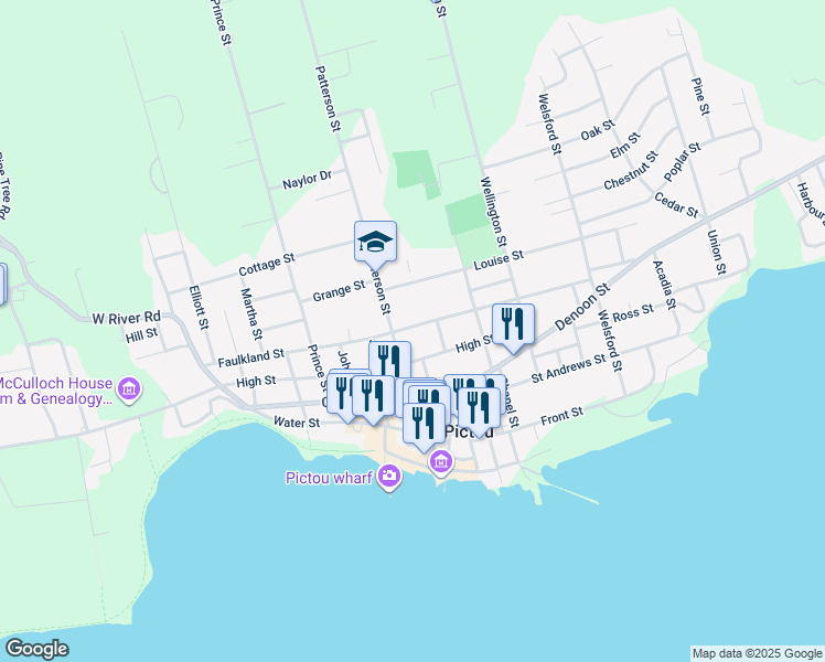 map of restaurants, bars, coffee shops, grocery stores, and more near 173 Faulkland Street in Pictou