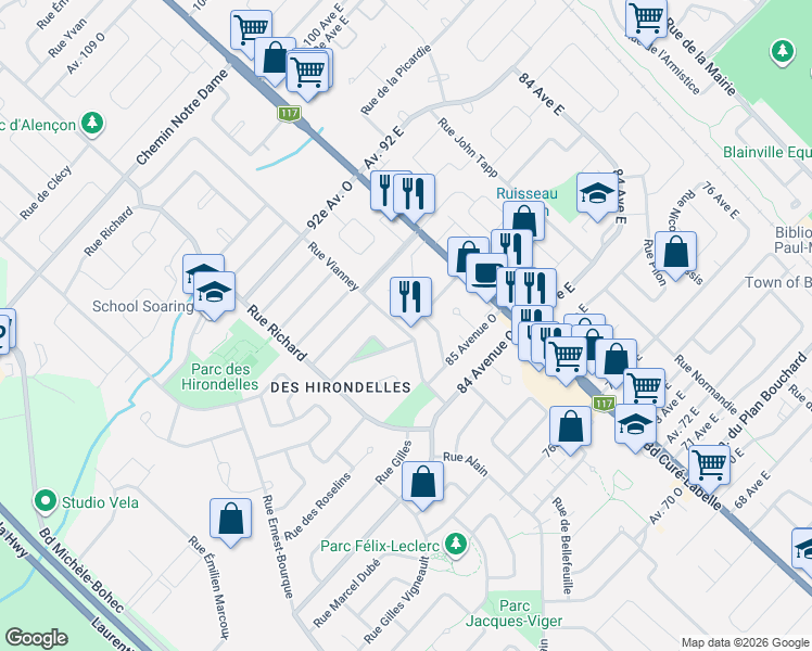 map of restaurants, bars, coffee shops, grocery stores, and more near 1164 Rue Vianney in Blainville