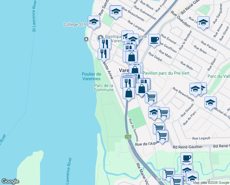 map of restaurants, bars, coffee shops, grocery stores, and more near 60 Rue Sainte-Anne in Varennes