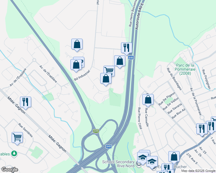 map of restaurants, bars, coffee shops, grocery stores, and more near 665 Rue de la Sablière in Bois-des-Filion