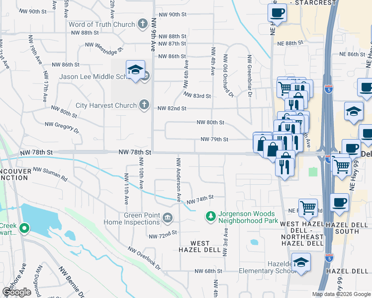 map of restaurants, bars, coffee shops, grocery stores, and more near 606 Northwest 78th Street in Vancouver