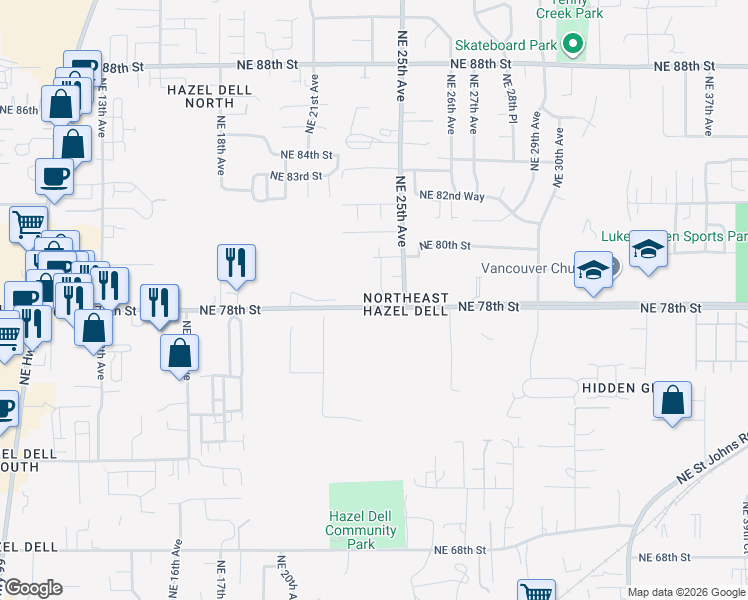 map of restaurants, bars, coffee shops, grocery stores, and more near 7902 Northeast 24th Court in Vancouver