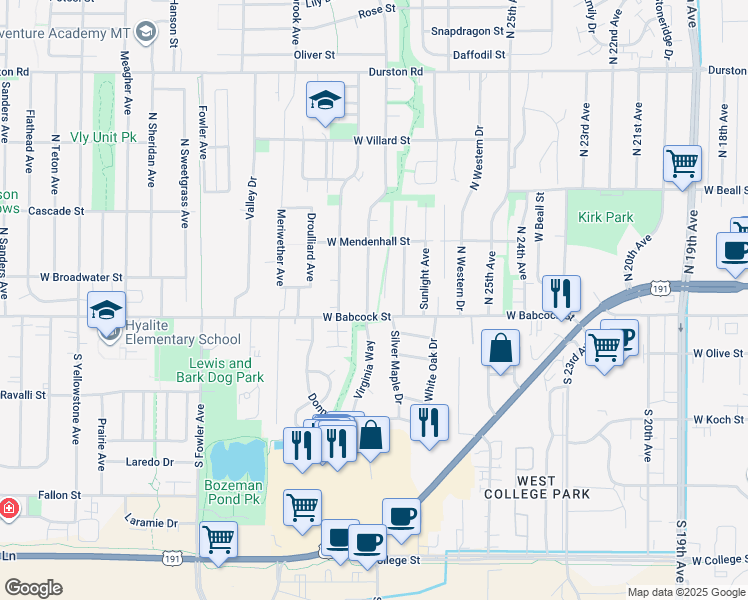 map of restaurants, bars, coffee shops, grocery stores, and more near 9 Hunters Way in Bozeman