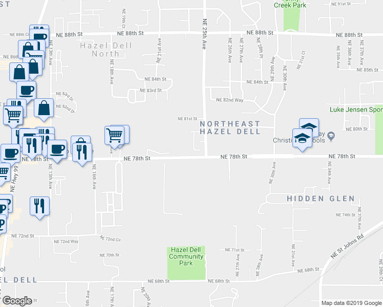 map of restaurants, bars, coffee shops, grocery stores, and more near 7816 Northeast 24th Court in Vancouver