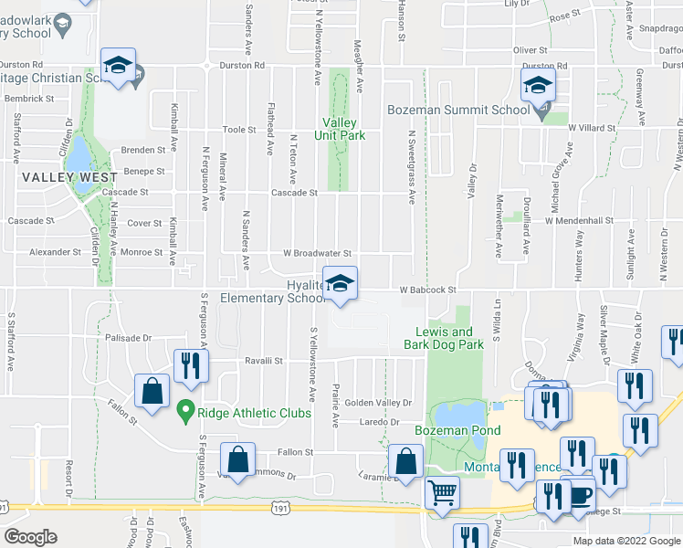 map of restaurants, bars, coffee shops, grocery stores, and more near 3610 West Broadwater Street in Bozeman