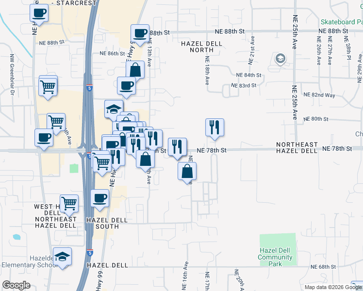 map of restaurants, bars, coffee shops, grocery stores, and more near 1600 Northeast 78th Street in Vancouver