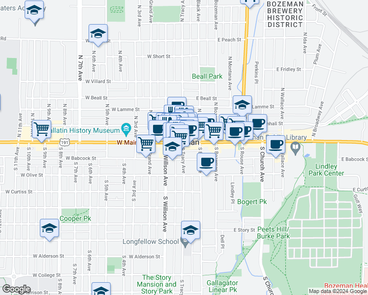 map of restaurants, bars, coffee shops, grocery stores, and more near 2 South Tracy Avenue in Bozeman