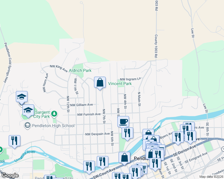 map of restaurants, bars, coffee shops, grocery stores, and more near 712 Northwest 6th Street in Pendleton