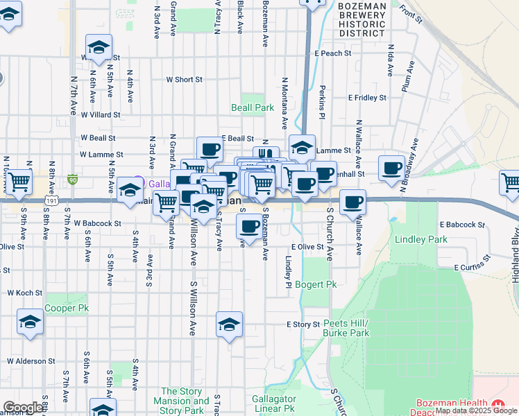 map of restaurants, bars, coffee shops, grocery stores, and more near 131 East Main Street in Bozeman