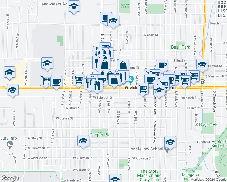 map of restaurants, bars, coffee shops, grocery stores, and more near 601 West Main Street in Bozeman