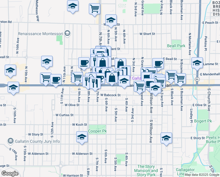 map of restaurants, bars, coffee shops, grocery stores, and more near 601 West Main Street in Bozeman