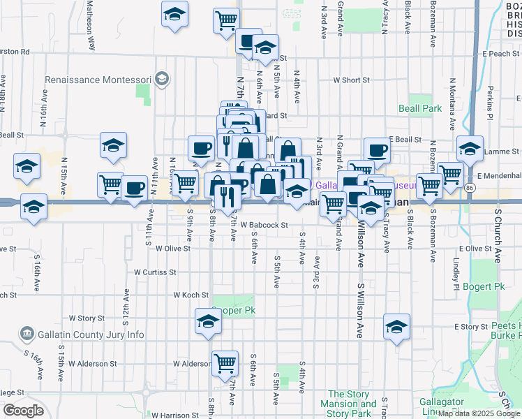 map of restaurants, bars, coffee shops, grocery stores, and more near 601 West Main Street in Bozeman