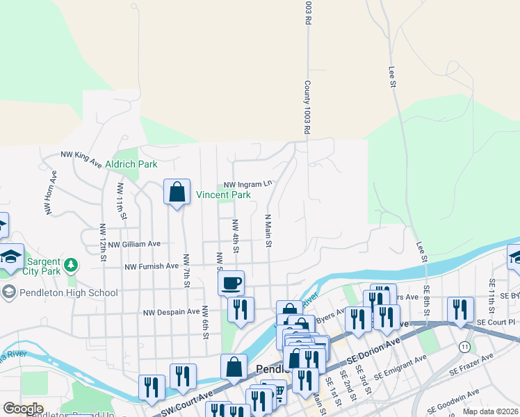 map of restaurants, bars, coffee shops, grocery stores, and more near 710 Northwest 3rd Drive in Pendleton