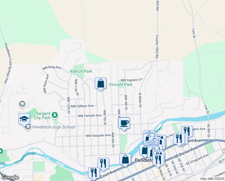 map of restaurants, bars, coffee shops, grocery stores, and more near 715 Northwest 6th Street in Pendleton