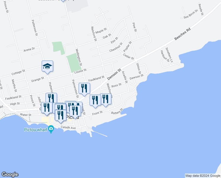map of restaurants, bars, coffee shops, grocery stores, and more near 50 Ross Street in Pictou