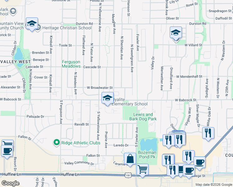 map of restaurants, bars, coffee shops, grocery stores, and more near 3464 West Broadwater Street in Bozeman