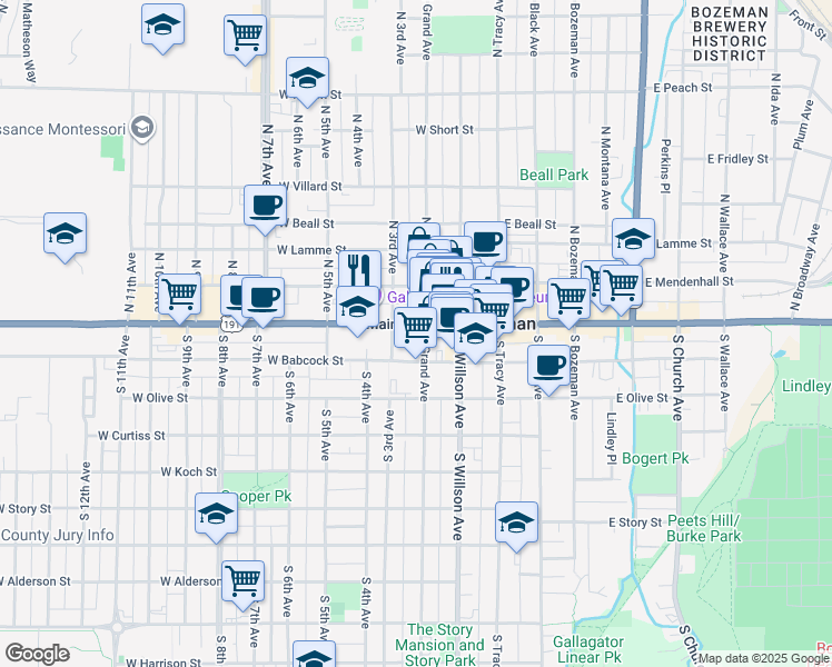 map of restaurants, bars, coffee shops, grocery stores, and more near 202 West Main Street in Bozeman