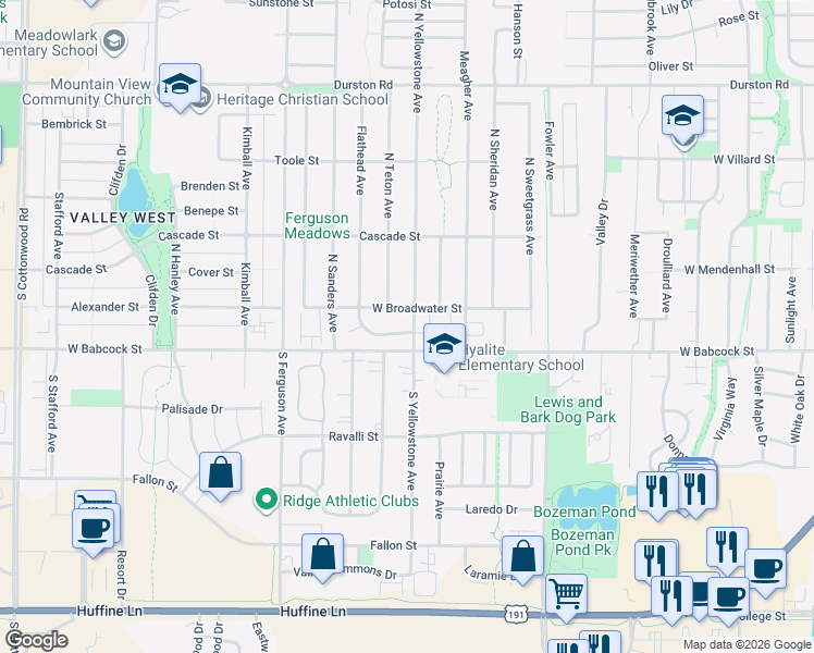 map of restaurants, bars, coffee shops, grocery stores, and more near 3801 Spruce Meadows Drive in Bozeman