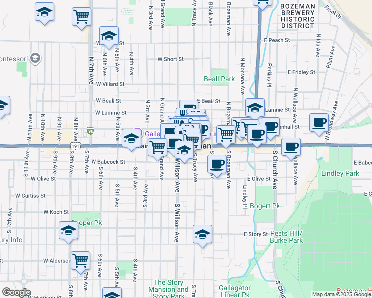 map of restaurants, bars, coffee shops, grocery stores, and more near in Bozeman