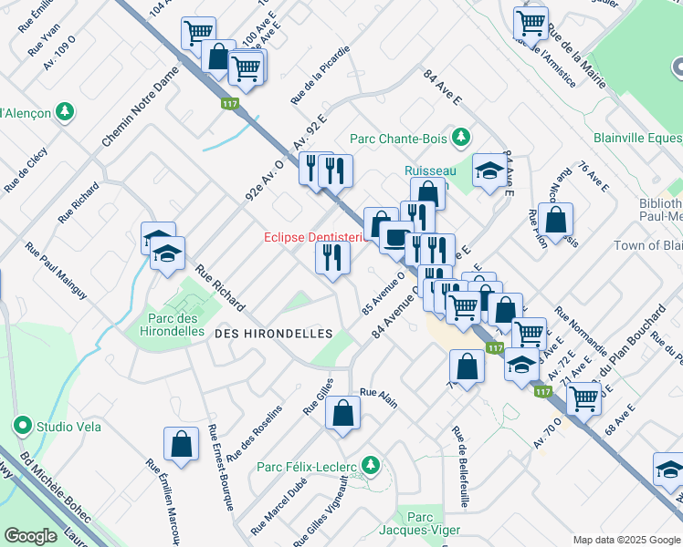 map of restaurants, bars, coffee shops, grocery stores, and more near Rue Arthur Buies in Blainville