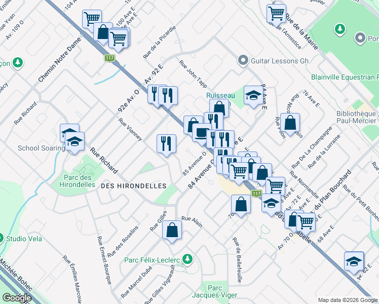 map of restaurants, bars, coffee shops, grocery stores, and more near Rue des Toucans in Blainville