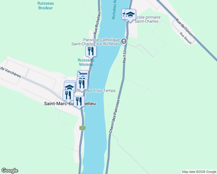 map of restaurants, bars, coffee shops, grocery stores, and more near 365 Chemin des Patriotes in La Vallée-du-Richelieu