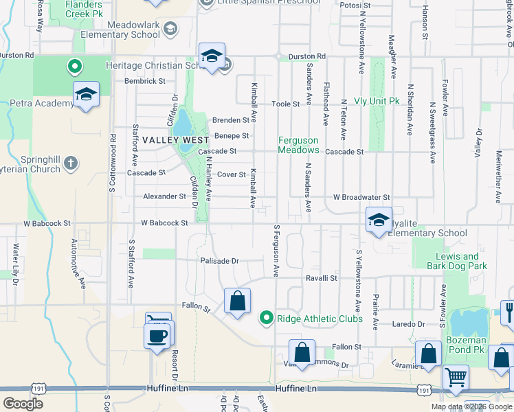 map of restaurants, bars, coffee shops, grocery stores, and more near 4170 Monroe Street in Bozeman