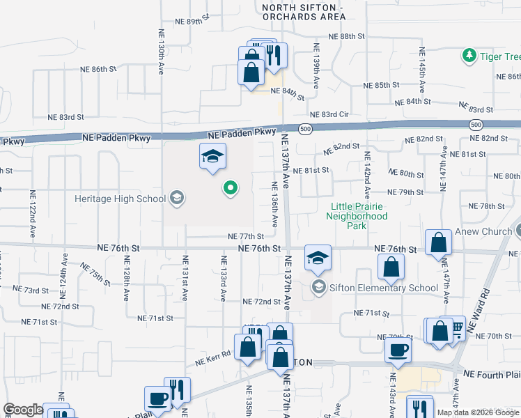 map of restaurants, bars, coffee shops, grocery stores, and more near 13500 Northeast 79th Circle in Vancouver