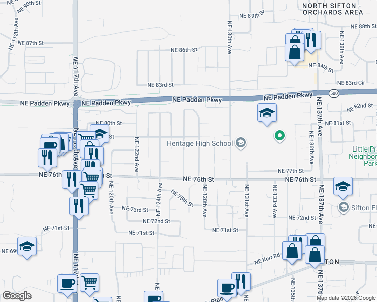 map of restaurants, bars, coffee shops, grocery stores, and more near 7800 Northeast 127th Avenue in Vancouver