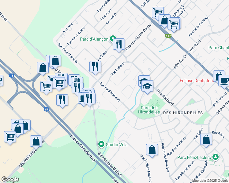 map of restaurants, bars, coffee shops, grocery stores, and more near 103 Rue Paul Mainguy in Blainville
