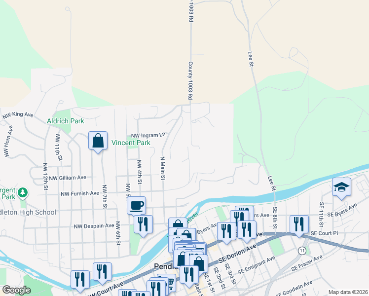 map of restaurants, bars, coffee shops, grocery stores, and more near 714 Northeast 2nd Street in Pendleton