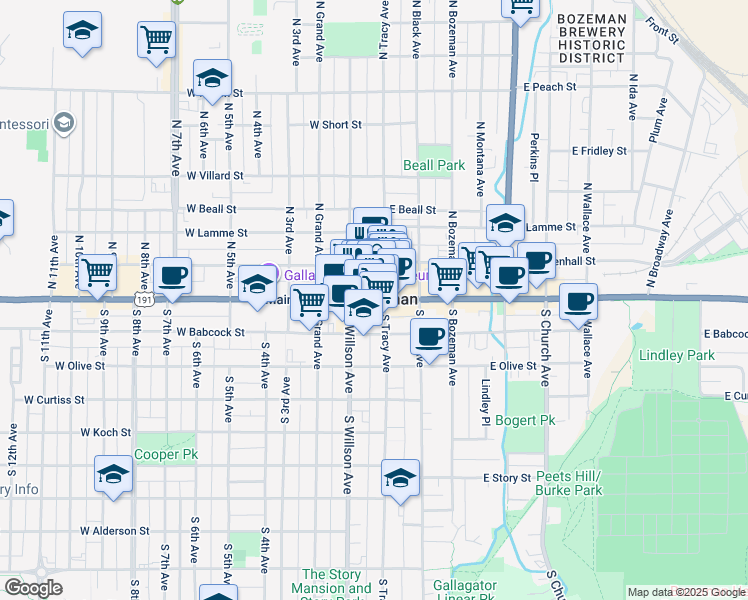 map of restaurants, bars, coffee shops, grocery stores, and more near in Bozeman