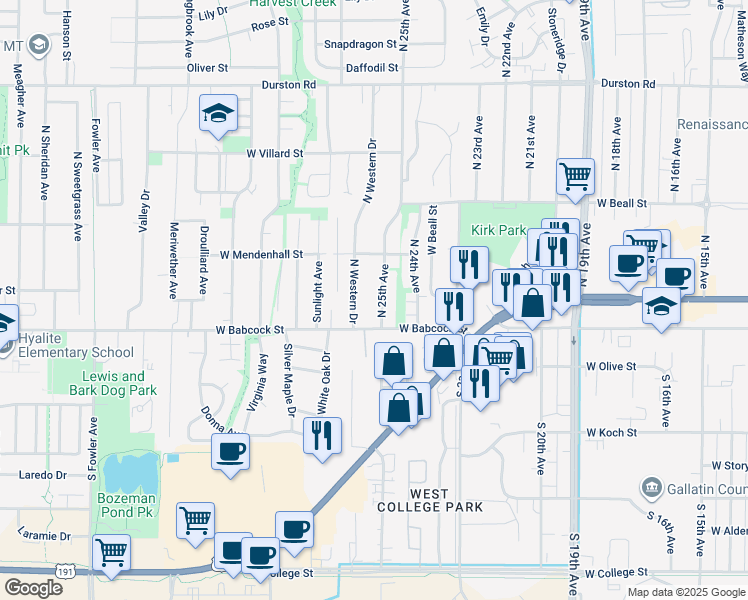 map of restaurants, bars, coffee shops, grocery stores, and more near 38 North 25th Avenue in Bozeman