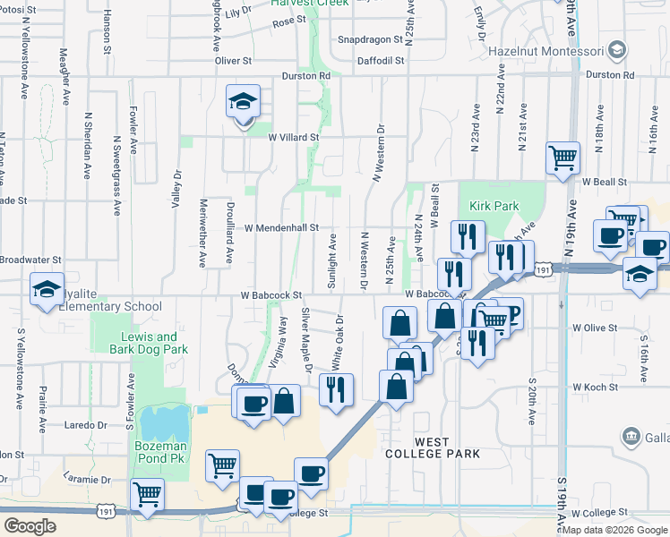 map of restaurants, bars, coffee shops, grocery stores, and more near 30 Sunlight Avenue in Bozeman