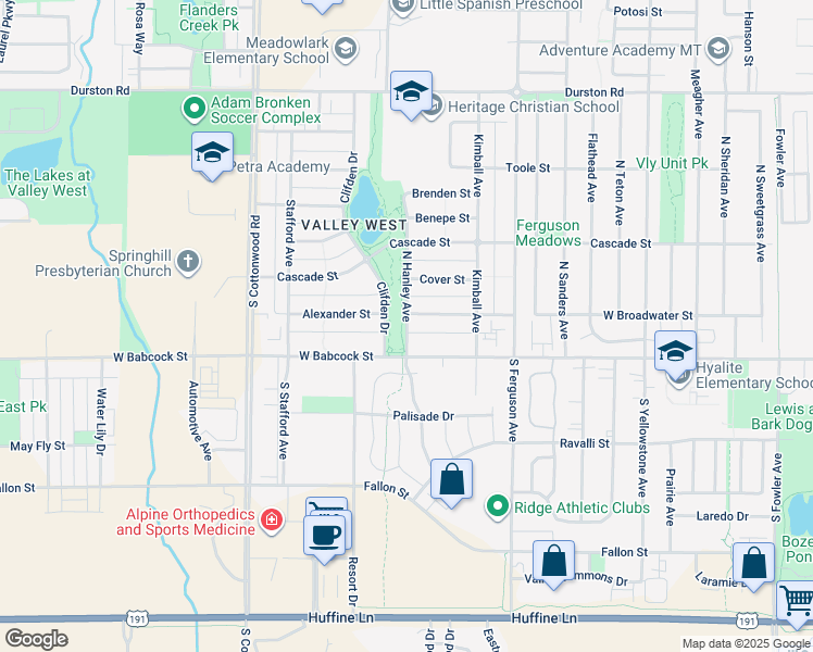 map of restaurants, bars, coffee shops, grocery stores, and more near 4288 Monroe Street in Bozeman