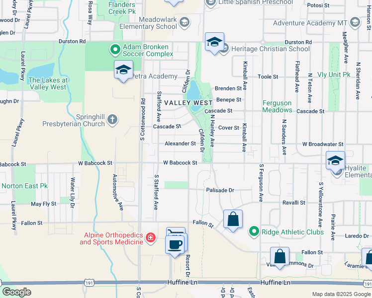map of restaurants, bars, coffee shops, grocery stores, and more near 4512 Alexander Street in Bozeman