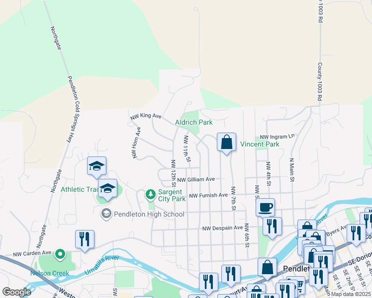 map of restaurants, bars, coffee shops, grocery stores, and more near 810 Northwest 11th Street in Pendleton