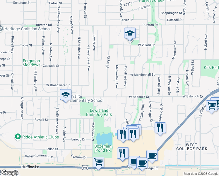 map of restaurants, bars, coffee shops, grocery stores, and more near 98 Valley Drive in Bozeman