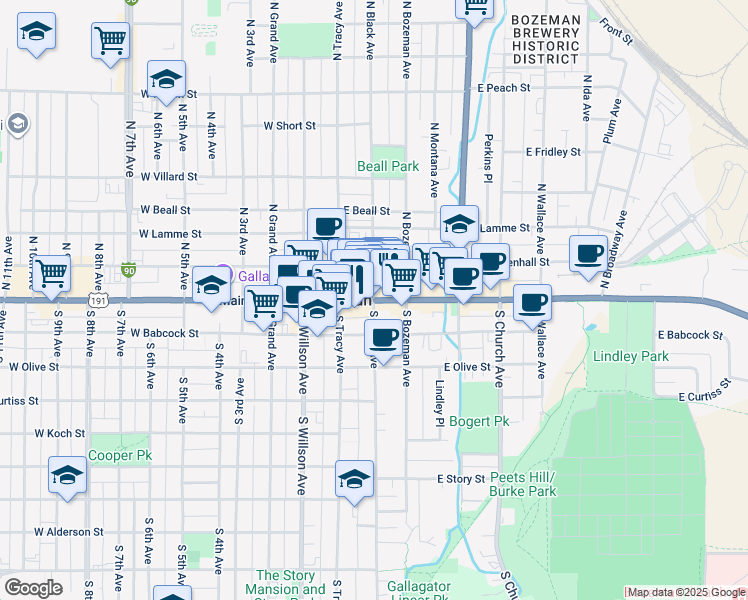 map of restaurants, bars, coffee shops, grocery stores, and more near 1 North Black Avenue in Bozeman
