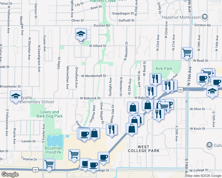map of restaurants, bars, coffee shops, grocery stores, and more near 30 Sunlight Avenue in Bozeman