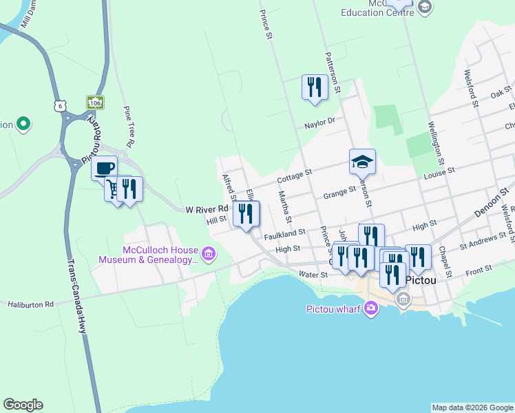 map of restaurants, bars, coffee shops, grocery stores, and more near 50 Elliott Street in Pictou