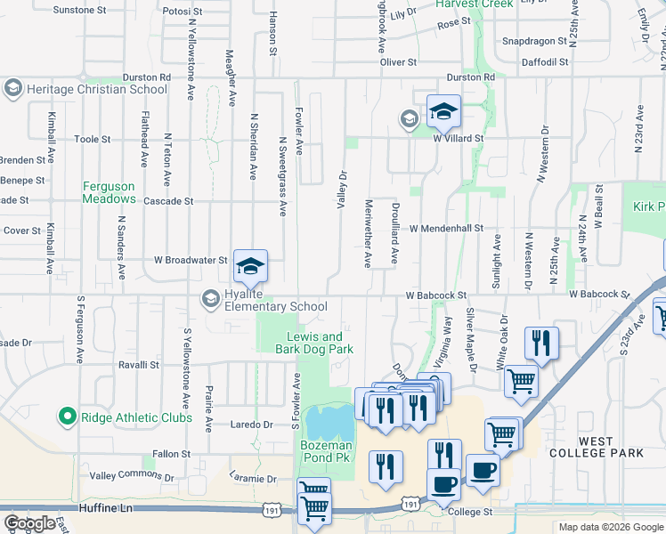 map of restaurants, bars, coffee shops, grocery stores, and more near 98 N Valley Dr in Bozeman
