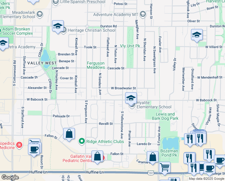 map of restaurants, bars, coffee shops, grocery stores, and more near 3910 West Broadwater Street in Bozeman