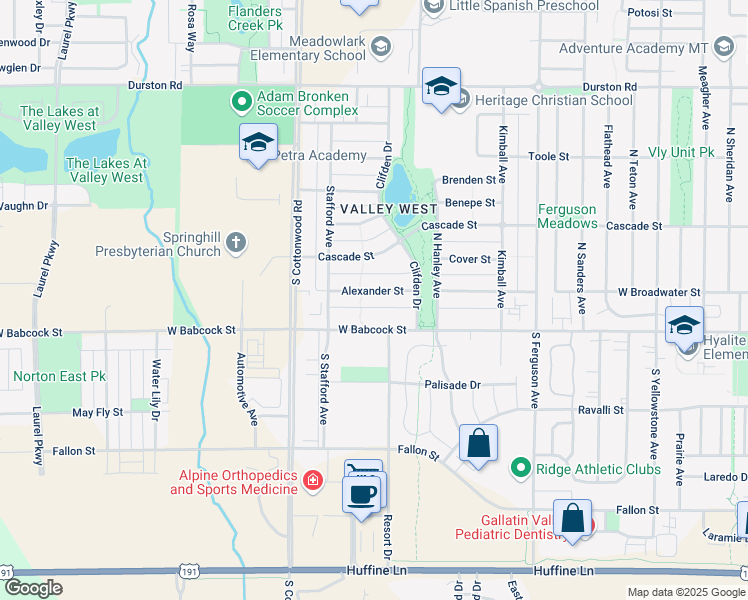 map of restaurants, bars, coffee shops, grocery stores, and more near 4512 Alexander Street in Bozeman